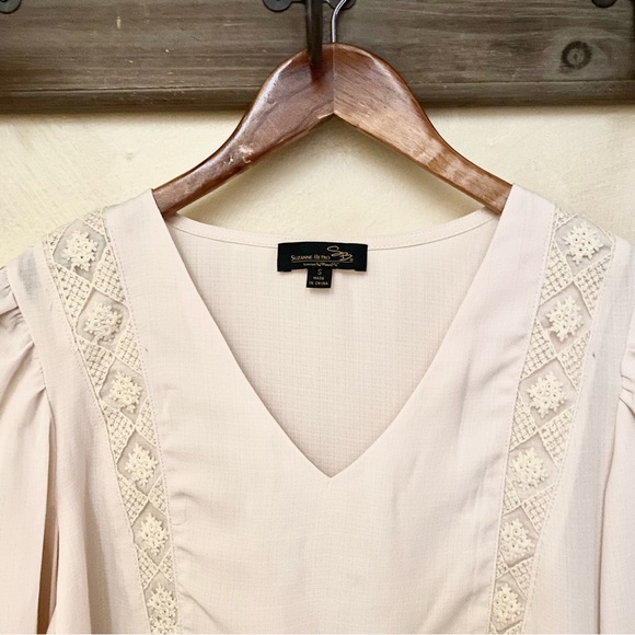 🪶3/$35 Ivory Lace Embroidered Babydoll 3/4 Sleeve SUZANNE BETRO Linen Blouse-S - Picture 4 of 16
